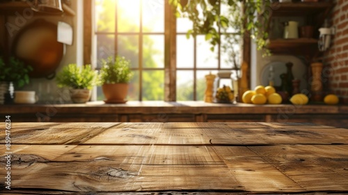 Beautiful natural wooden table with kitchen background ai generated