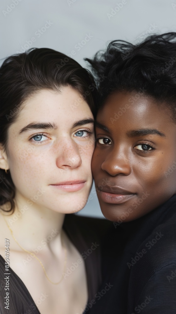 Close-up of two women with fair and dark skin, both looking at camera Close-up of two women with fair and dark skin, both looking at camera