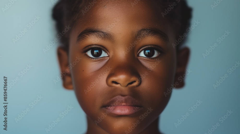A portrait of a young Black girl with a serious expression, her eyes looking directly at the viewer A portrait of a young Black girl with a serious expression, her eyes looking directly at the viewer
