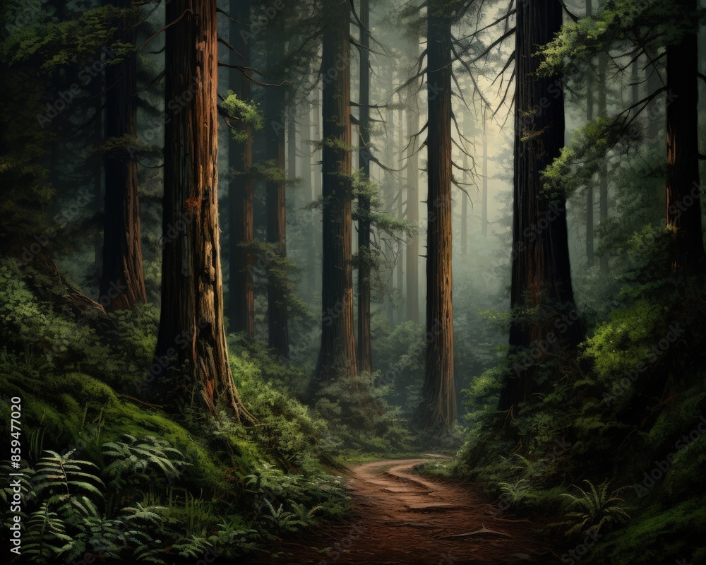 Obraz premium Mystical forest path surrounded by tall trees and lush greenery, creating a serene atmosphere in the woods.