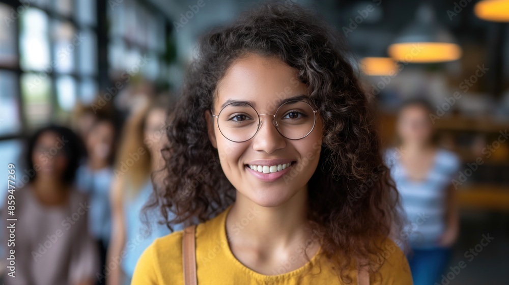 Smiling mixed race woman with curly hair posing in a cafe