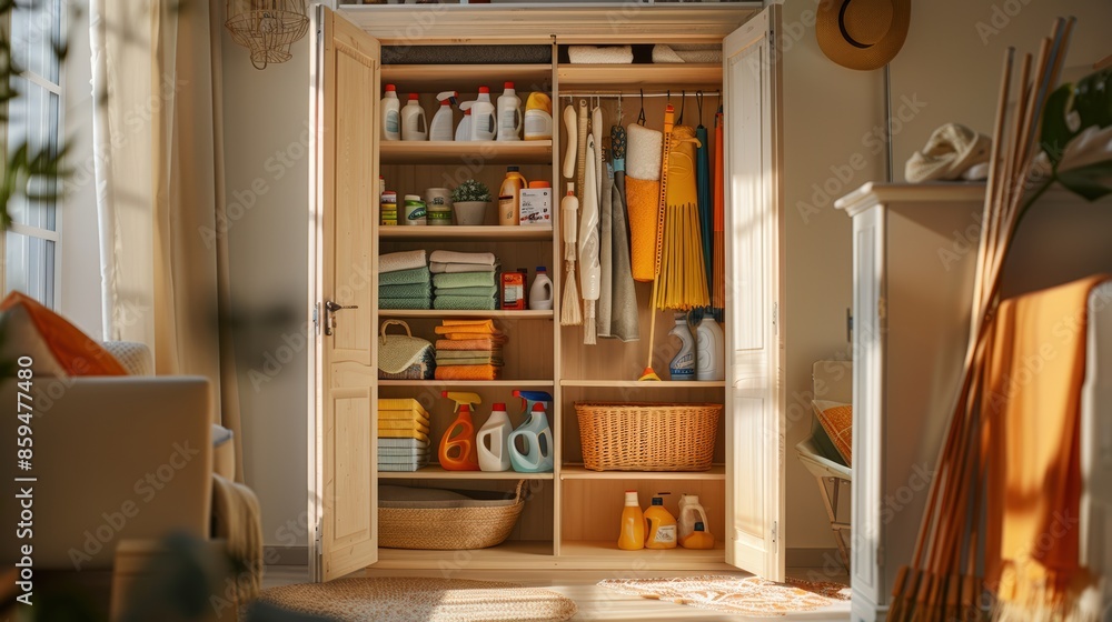 Open wooden closet with cleaning supplies, organized shelves, and sunlight streaming in from a nearby window in a cozy home. Open wooden closet with cleaning supplies, organized shelves, and sunlight streaming in from a nearby window in a cozy home.