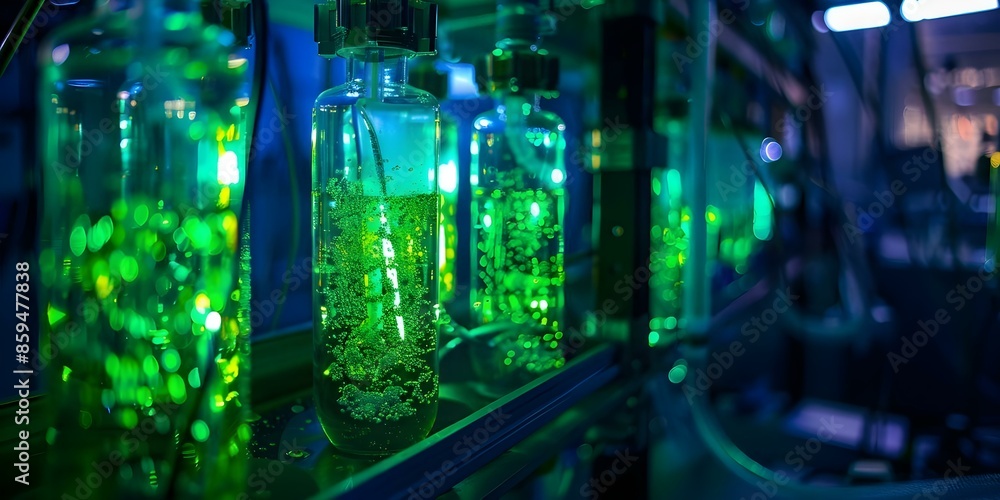 Bioreactors filled with green liquid and UV lights creating captivating visual display. Concept Green Bioreactor, UV Lights, Visual Display, Captivating Technology, Liquid Innovation Bioreactors filled with green liquid and UV lights creating captivating visual display. Concept Green Bioreactor, UV Lights, Visual Display, Captivating Technology, Liquid Innovation