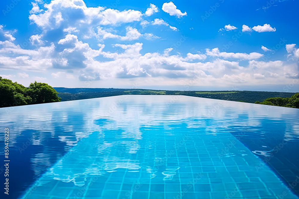 Obraz premium A pool with a blue tile floor and a railing.
