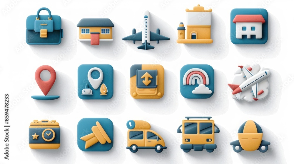 A set of 2D icons for travel and transportation apps and websites. This collection includes icons for flights, hotels, and car rentals, all designed with a modern and clear aesthetic. These icons are A set of 2D icons for travel and transportation apps and websites. This collection includes icons for flights, hotels, and car rentals, all designed with a modern and clear aesthetic. These icons are