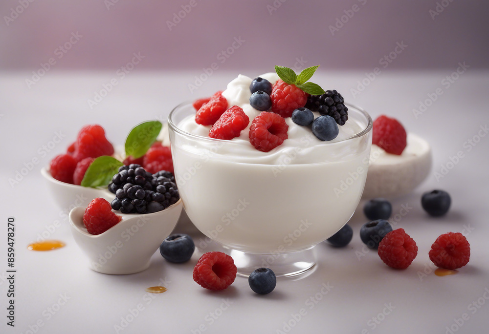 A bowl of thick creamy Greek yogurt topped with honey and fresh berries symbolizing a balance of tas A bowl of thick creamy Greek yogurt topped with honey and fresh berries symbolizing a balance of tas