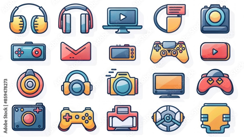 A set of 2D icons for entertainment apps and websites. This collection includes icons for music, movies, and games, all designed with a sleek and modern look. These icons are perfect for A set of 2D icons for entertainment apps and websites. This collection includes icons for music, movies, and games, all designed with a sleek and modern look. These icons are perfect for
