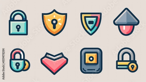 A variety of 2D icons for security and privacy apps and websites. The set includes symbols for locks, shields, and privacy settings, all designed with a clean and straightforward style. These icons