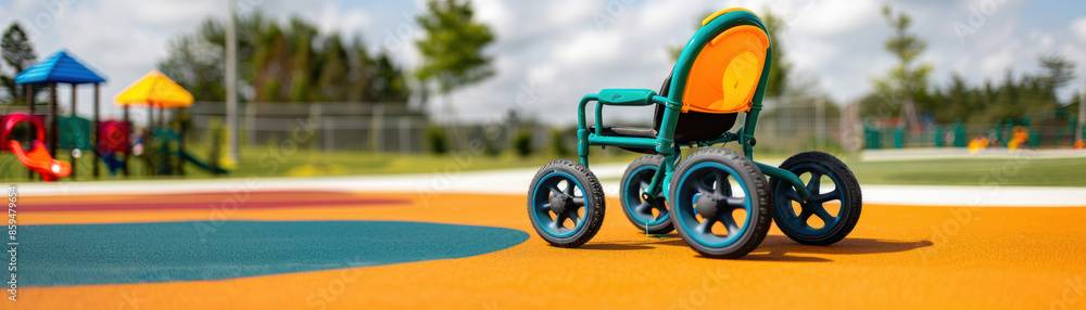Fototapeta premium A small green and orange wheelchair is parked on a colorful playground