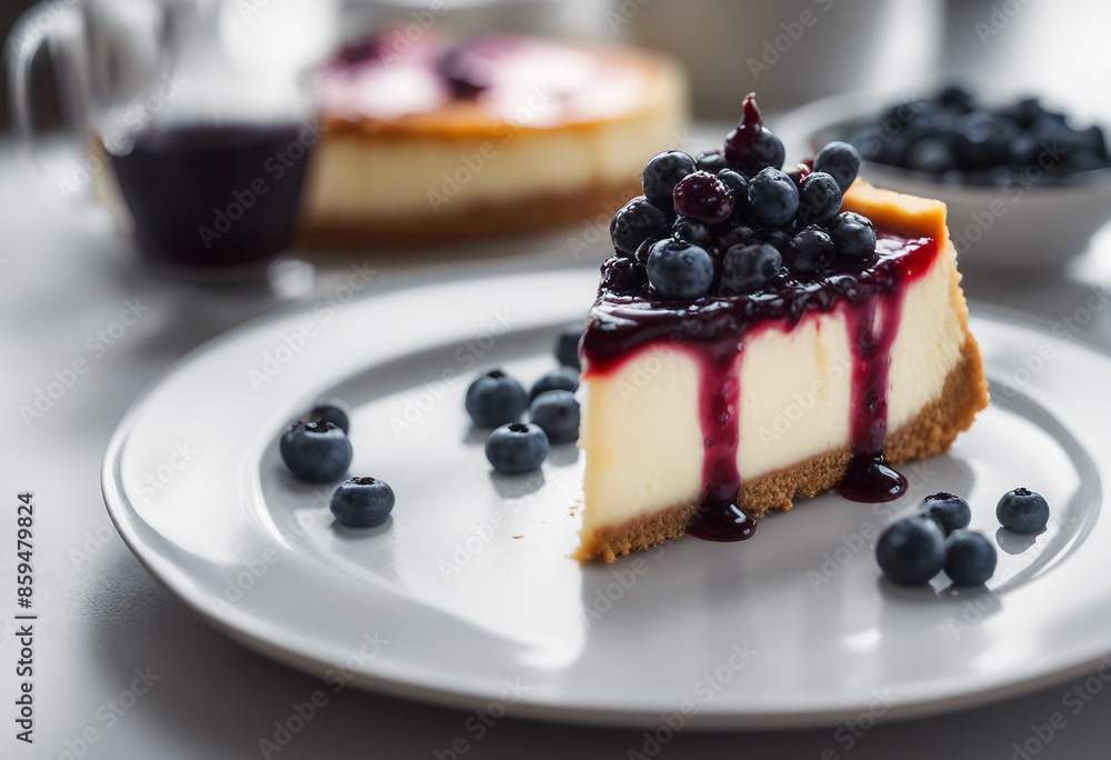 A slice of New York cheesecake on a plate with blueberry compote transparent on white background A slice of New York cheesecake on a plate with blueberry compote transparent on white background