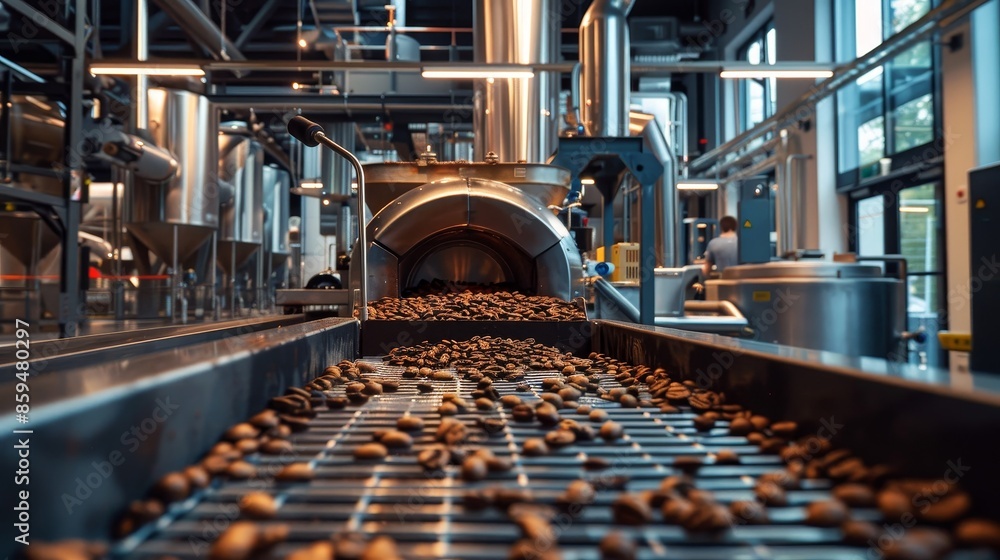 Modern eco-friendly coffee roasting factory, clean and sustainable processes, cutting-edge equipment, green energy usage, industrial facility Modern eco-friendly coffee roasting factory, clean and sustainable processes, cutting-edge equipment, green energy usage, industrial facility