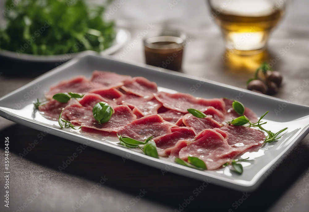 A meticulously arranged plate of carpaccio thinly sliced raw beef garnished with arugula Parmesan an A meticulously arranged plate of carpaccio thinly sliced raw beef garnished with arugula Parmesan an
