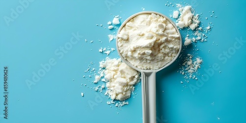 White creatine powder on a spoon against a blue background a muscle-building supplement. Concept Product Photography, Fitness Supplement, Creatine Powder, Blue Background, Muscle Building photo