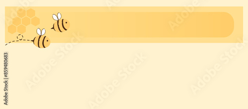 Bee cartoons and honey sign with hexagon grid cells on yellow background vector.