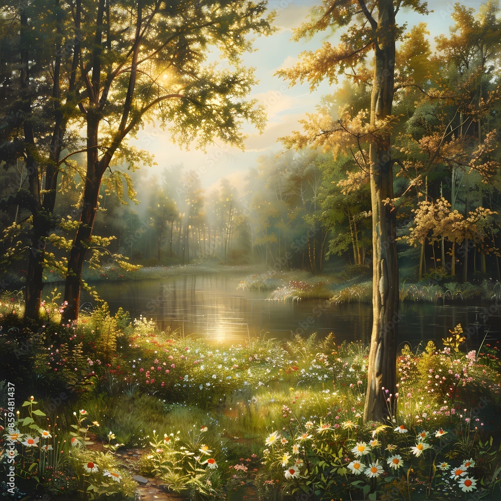 Fototapeta premium Tranquil Forest Scene with Serene Lake, Tall Trees, and Wildflowers in Soft Sunlight
