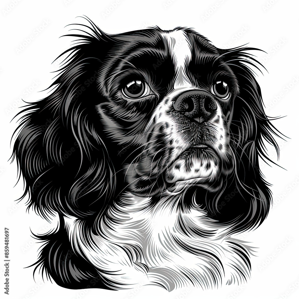 A black and white drawing of a Cavalier King Charles Spaniel dog A black and white drawing of a Cavalier King Charles Spaniel dog