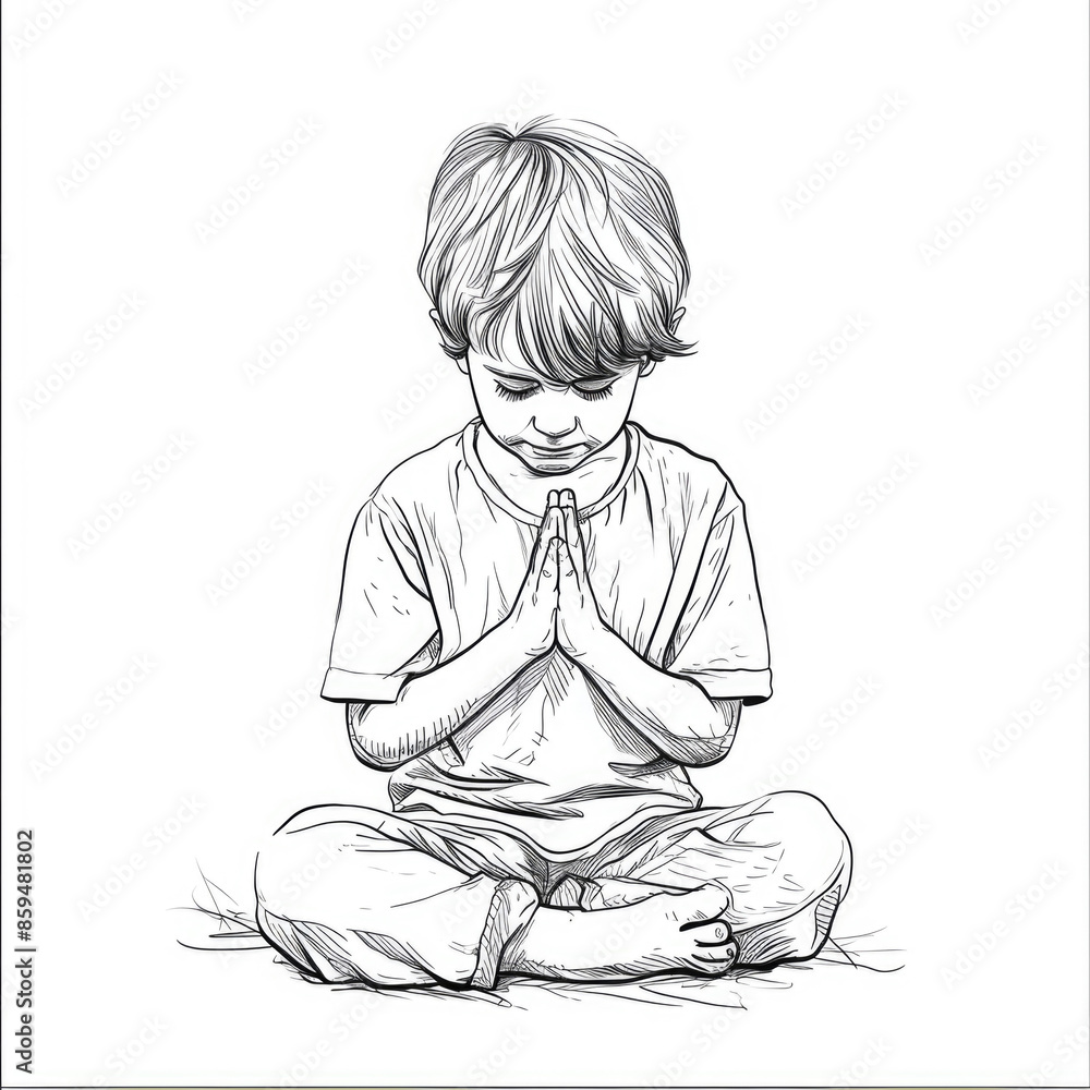 Black and White Sketch of a Young Boy Sitting Cross-Legged in a ...