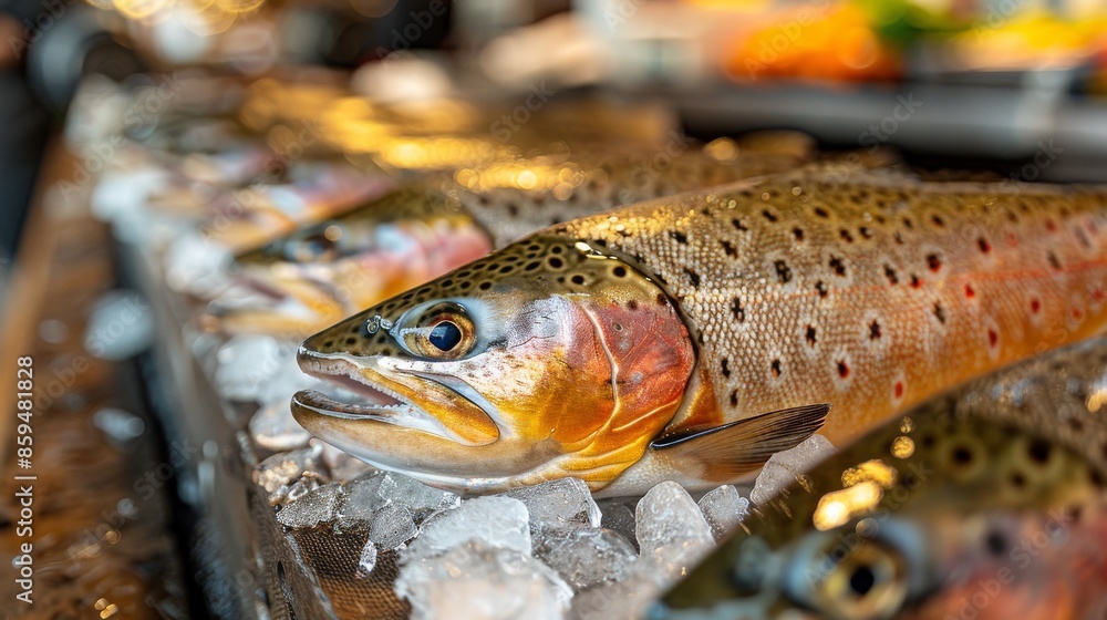 A close-up image of vibrant trout placed on ice at a local seafood market stall, highlighting their pristine freshness and eye-catching colors, ready for potential buyers. A close-up image of vibrant trout placed on ice at a local seafood market stall, highlighting their pristine freshness and eye-catching colors, ready for potential buyers.