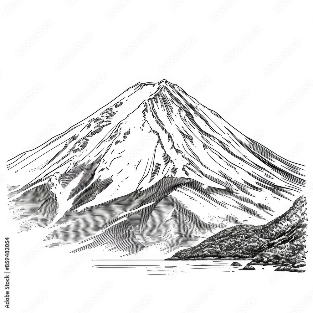 Black and White Illustration of Mount Fuji with Snow-Capped Peak and Surrounding Landscape Black and White Illustration of Mount Fuji with Snow-Capped Peak and Surrounding Landscape