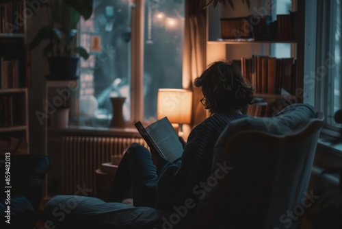A person reading a book surrounded by a comfy chair
