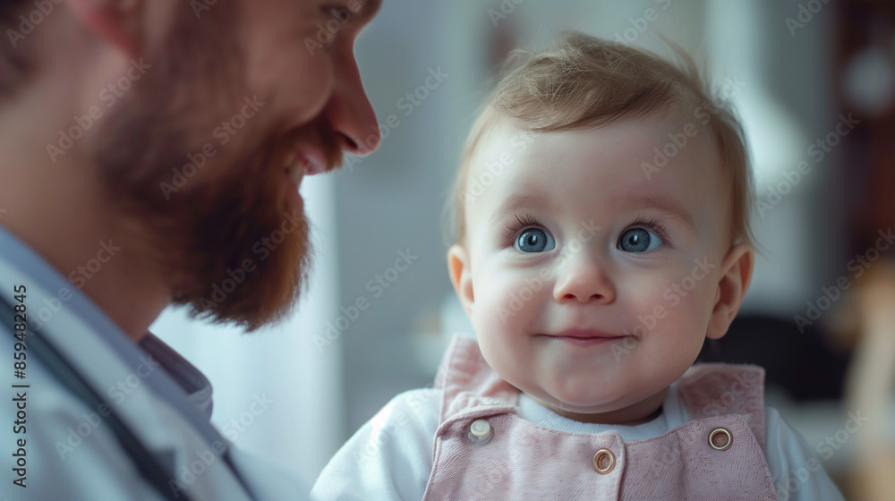 smiling padiatrician examining a baby in th hospital . A smiling doctor having medical checkup with newborn in clinic . smiling padiatrician examining a baby in th hospital . A smiling doctor having medical checkup with newborn in clinic .