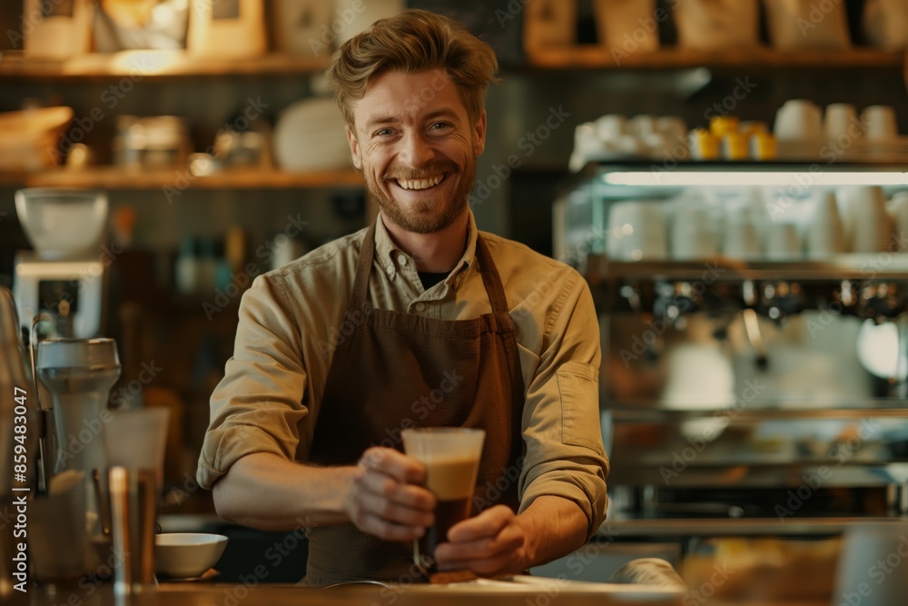 A professional barista smiling while making cappuccino, wearing an apron and standing behind the counter. A professional barista smiling while making cappuccino, wearing an apron and standing behind the counter.