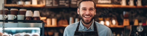 A professional barista laughing while making coffee, standing at the counter in a coffeehouse.