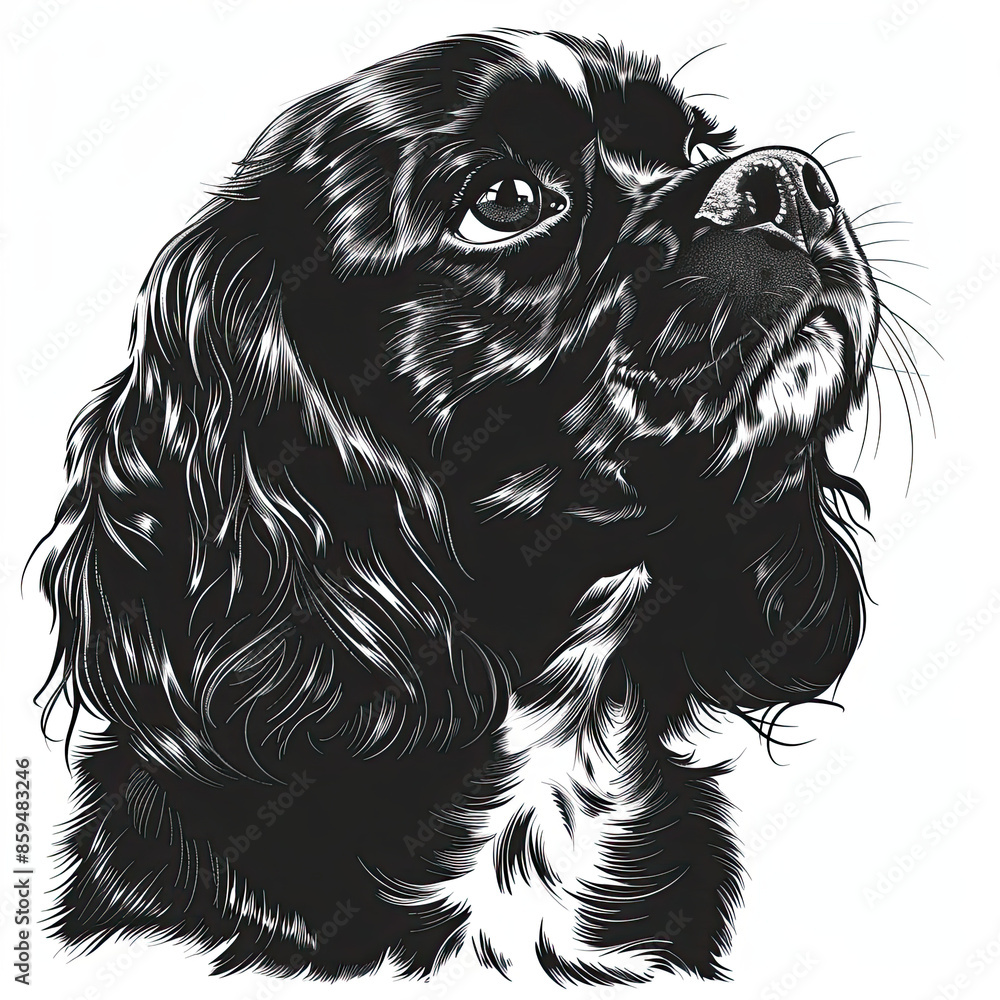 A black and white drawing of a Cavalier King Charles Spaniel dog A black and white drawing of a Cavalier King Charles Spaniel dog