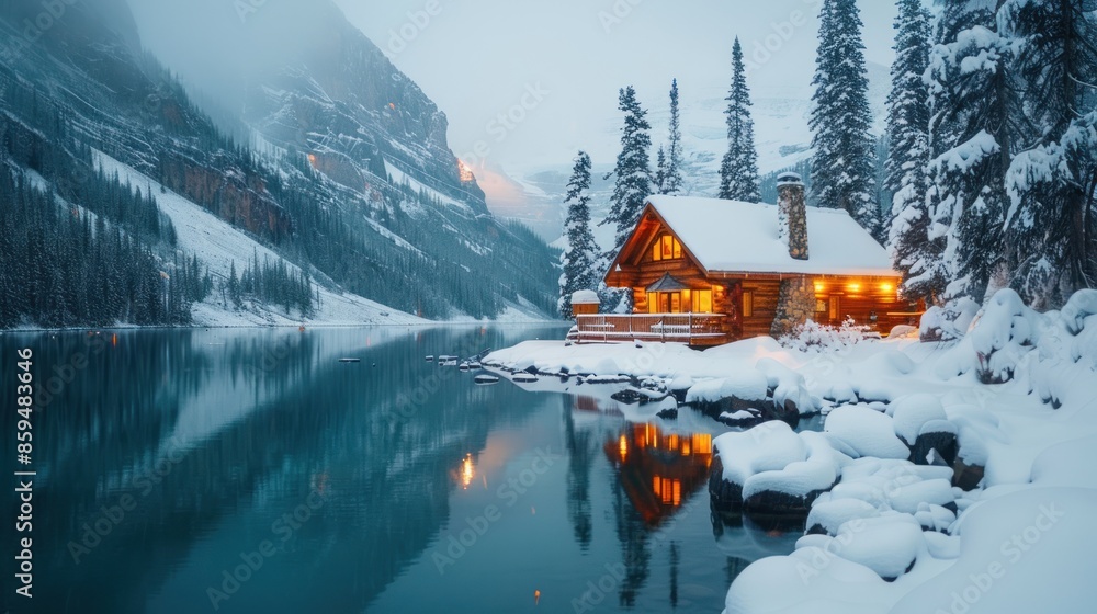 Beautiful view of Emerald Lake with wooden lodge glowing in snowy pine forest on winter at Yoho national park ai generated Beautiful view of Emerald Lake with wooden lodge glowing in snowy pine forest on winter at Yoho national park ai generated