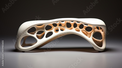 Abstract, organic-shaped, white bench with intricate internal structures.