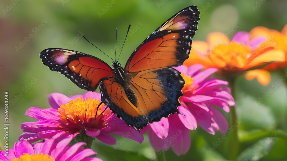 Obraz premium A close-up of a vibrant butterfly resting on a bright, blooming flower, Generative AI