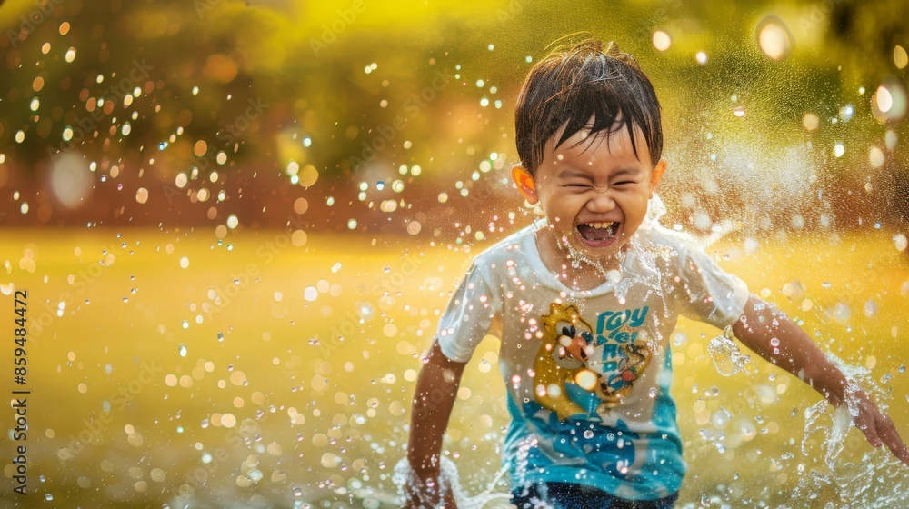 A joyful child playing and splashing in the water on a sunny day, capturing the essence of happiness and fun outdoor activities. A joyful child playing and splashing in the water on a sunny day, capturing the essence of happiness and fun outdoor activities.