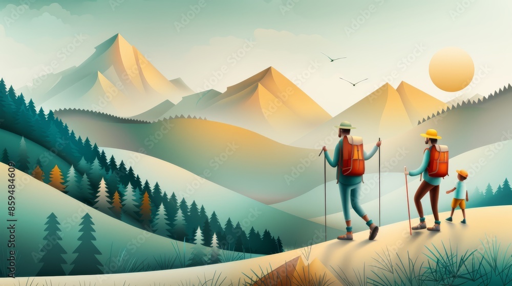Fototapeta premium Family hiking in scenic mountain range with backpacks, enjoying nature, outdoor adventure, and vibrant landscape.