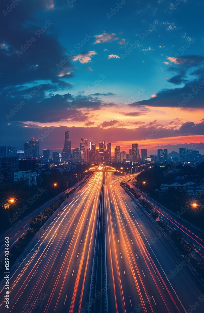 Obraz premium Futuristic city and highway at night ai art