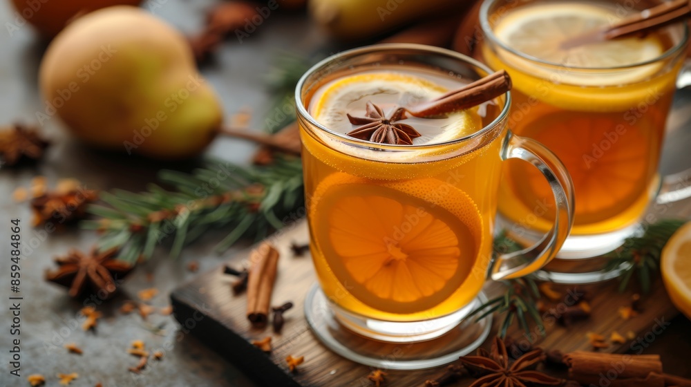 A warm spiced beverage garnished with a lemon slice in a transparent mug, resting on a rustic table surrounded by festive elements, evoking a holiday atmosphere. A warm spiced beverage garnished with a lemon slice in a transparent mug, resting on a rustic table surrounded by festive elements, evoking a holiday atmosphere.