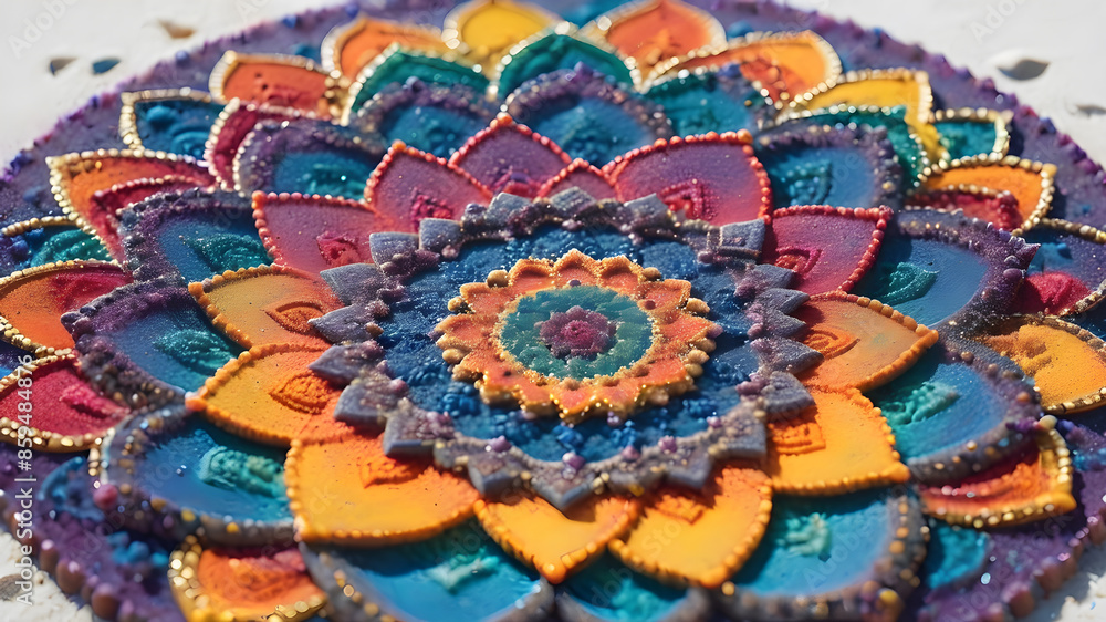 A close-up of a colorful mandala pattern created with colored sand on a white surface, Generative AI A close-up of a colorful mandala pattern created with colored sand on a white surface, Generative AI