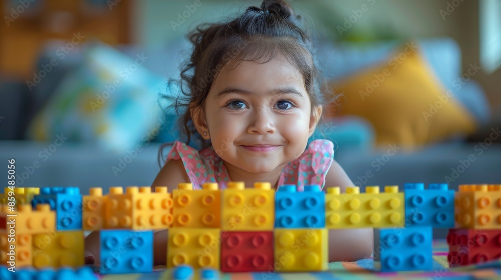 A smiling young girl is surrounded by colorful blocks, arranged to form structures, in a room with comfy cushions and a pleasing aesthetic setting. A smiling young girl is surrounded by colorful blocks, arranged to form structures, in a room with comfy cushions and a pleasing aesthetic setting.