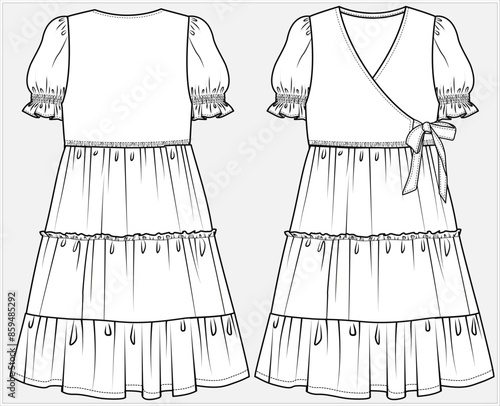 PUFF SLEEVES TIERED DRESS WITH FRONT WRAP DETAIL DESIGNED FOR TEEN AND KID GIRLS IN VECTOR FILE