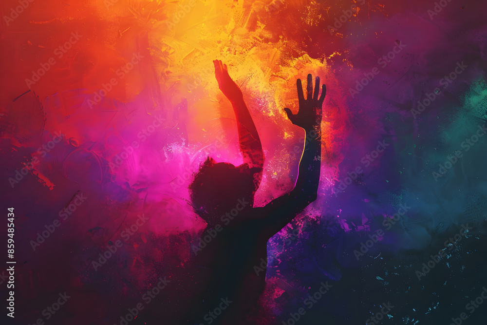 A silhouette of a person reaching upwards, enveloped in a dynamic blend of neon colors and soft, grainy textures, creating a sense of aspiration and surreal beauty A silhouette of a person reaching upwards, enveloped in a dynamic blend of neon colors and soft, grainy textures, creating a sense of aspiration and surreal beauty