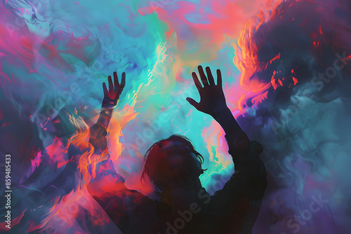 A silhouette of a person reaching upwards, enveloped in a dynamic blend of neon colors and soft, grainy textures, creating a sense of aspiration and surreal beauty 