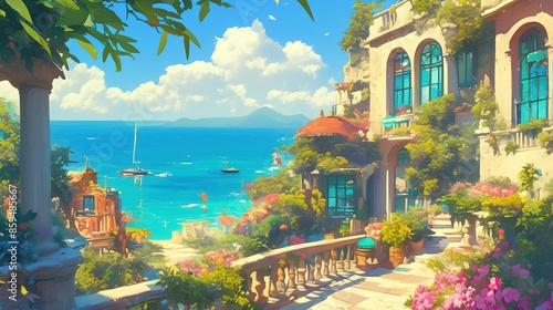 A landscape of Mediteranean sea coast with beautiful courtyard full of blossoms