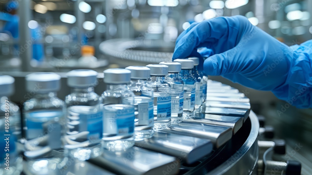 At the factory's medical bottle production line, a close-up of a small bottle placed on a conveyor belt by a hand wearing blue gloves At the factory's medical bottle production line, a close-up of a small bottle placed on a conveyor belt by a hand wearing blue gloves