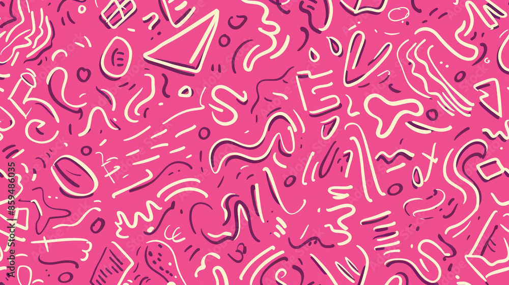 Fun pink line doodle seamless pattern. Creative abstract squiggle style drawing background for children or trendy design with basic shapes. Fun pink line doodle seamless pattern. Creative abstract squiggle style drawing background for children or trendy design with basic shapes.