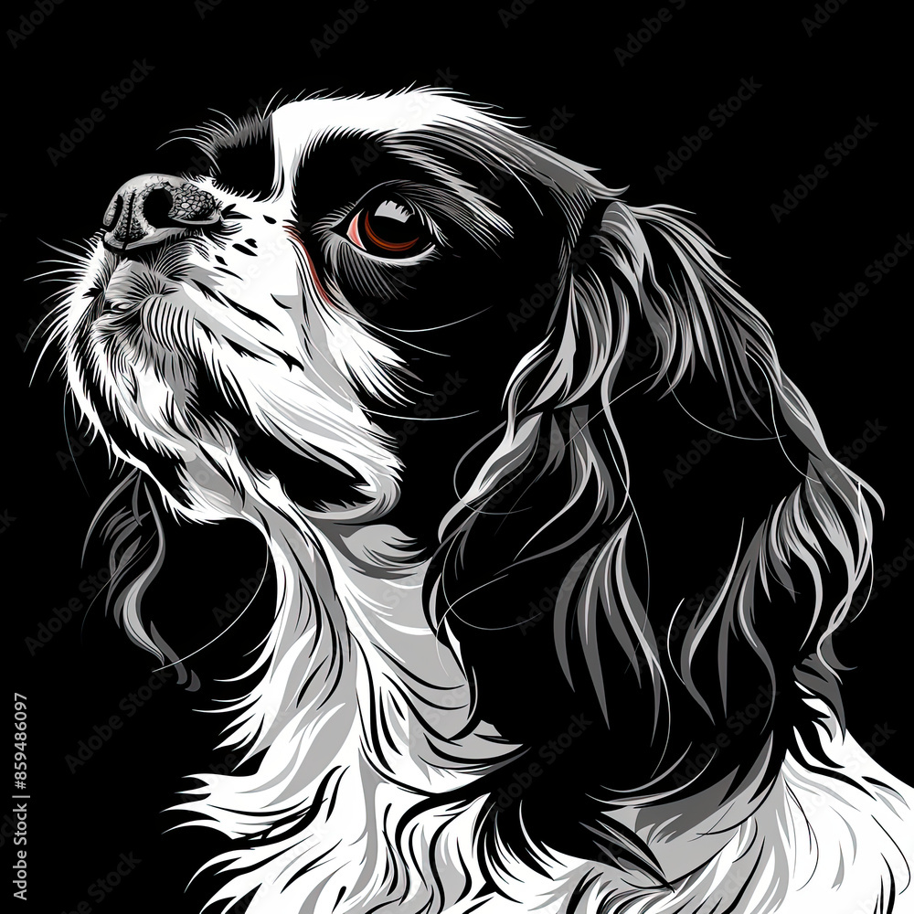 Naklejka premium A black and white drawing of a Cavalier King Charles Spaniel dog
