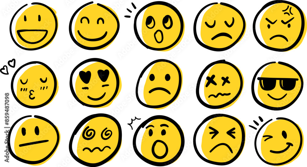 Doodle Emoticon Face Icon Set. Hand Drawn Sketch Emoji with Different Emotion and Mood. Doodle Emoticon Face Icon Set. Hand Drawn Sketch Emoji with Different Emotion and Mood.