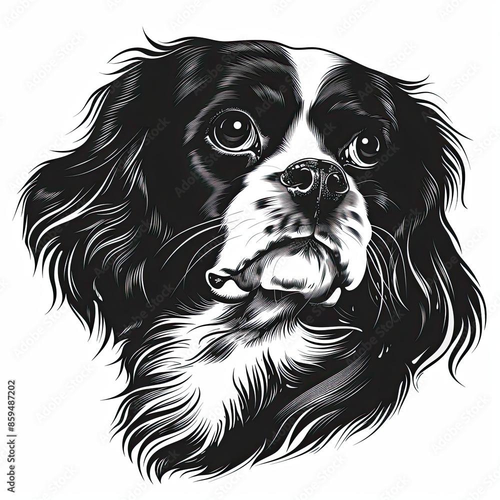 A black and white drawing of a Cavalier King Charles Spaniel dog A black and white drawing of a Cavalier King Charles Spaniel dog