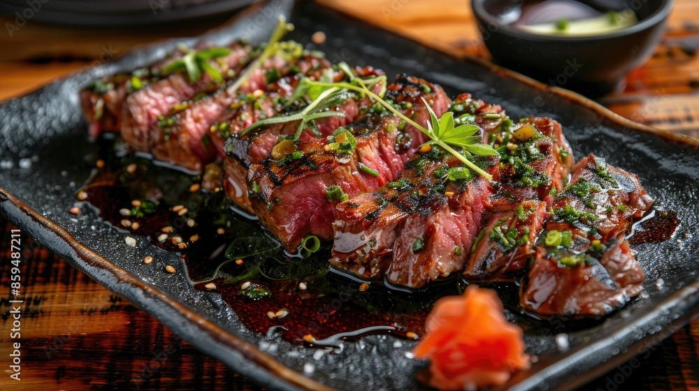 Sliced grilled beef steak on black dish with wood background Homemade cooking concept with Thai dishes Sliced grilled beef steak on black dish with wood background Homemade cooking concept with Thai dishes
