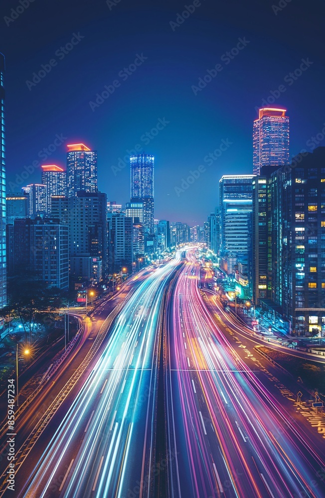 Fototapeta premium Futuristic city and highway at night ai art