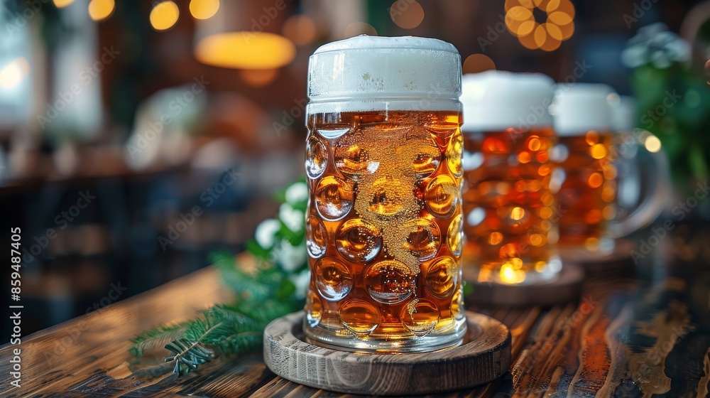 Multiple frothy beer steins stand on a wooden table, surrounded by cozy and warm bar atmosphere, signifying relaxation, camaraderie, and a comfortable pub scene. Multiple frothy beer steins stand on a wooden table, surrounded by cozy and warm bar atmosphere, signifying relaxation, camaraderie, and a comfortable pub scene.