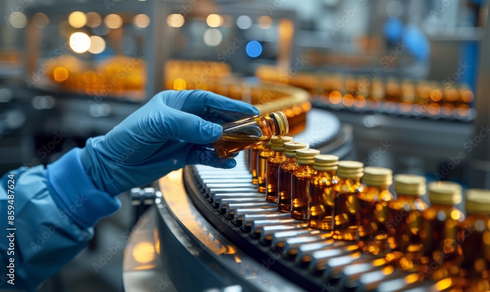 At the factory's medical bottle production line, a close-up of a small bottle placed on a conveyor belt by a hand wearing blue gloves At the factory's medical bottle production line, a close-up of a small bottle placed on a conveyor belt by a hand wearing blue gloves